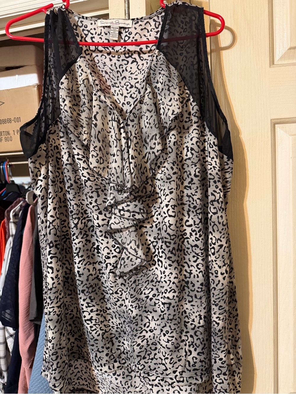 French Laundry Black and Cream Leopard-Print Ruffle Tank